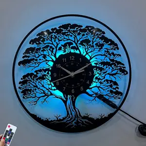 RGB LED Tree of Life Vinyl Record Wall Clock Silent Non-Ticking Color Changing Night Light Nature Wall Art Decor for Living Room Bedroom Home Decor (Battery Not Included)