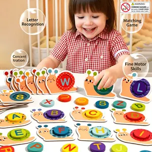 Wooden Letter Match Game Set, Word Spelling Educational Toy, Preschool Alphabet Tool, 26 Letter Cards, Snail Storage Bag