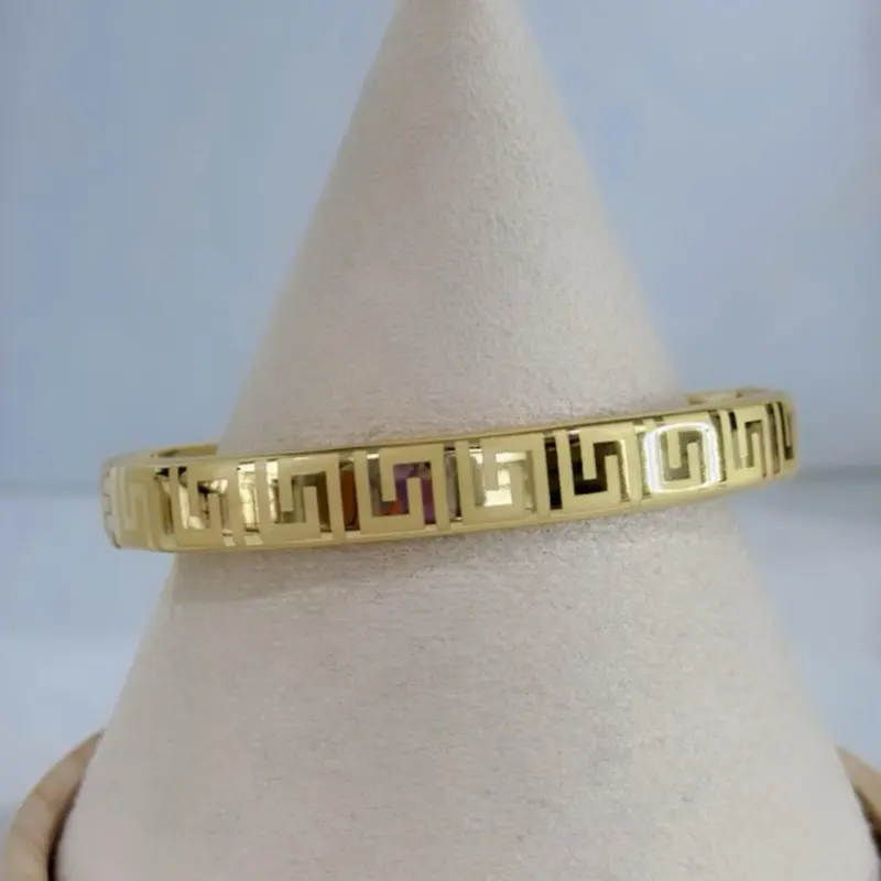 Greek Key Bangle Bracelet 14k Laminated Gold 57mm x 50mm Hypoallergenic Traditional Design Modern Elegance Daily Wear Accessory