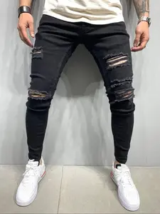 Men's Slim-Fit Denim Jeans, High-Street Style Distressed Ripped Design, Plain Pattern, Moderate Fabric Thickness, All Season Wear
