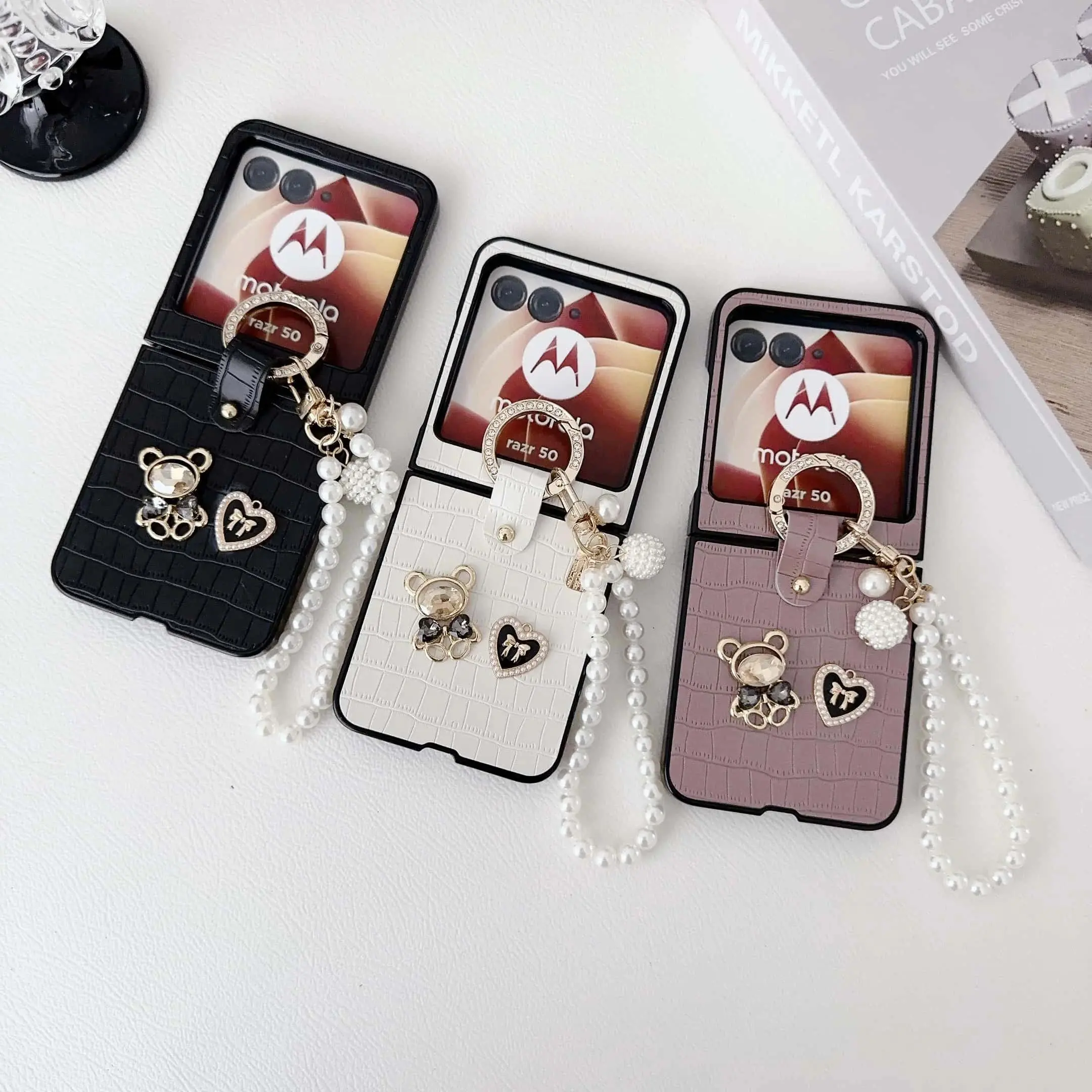 Little Bear Bracelet PU Leather Phone Case with Wrist Strap for Motorola Razr 60 pro 50 40Ultra Cover Compatible with Moto Razr