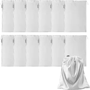 12 count Satin Wig Bags with Drawstring Satin Bag for Packaging Hair Extensions Wigs Soft Silk Pouches Hair Tools Storage Bags for  and Salon (White)