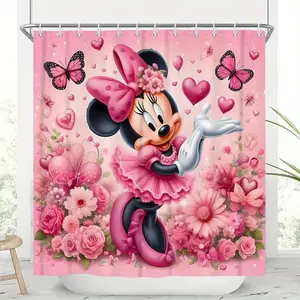 DISNEY CLASSIC Beautiful Pink Mickey and Minnie Shower Curtain, with 12 Durable Hooks, Bathroom Decorations And Accessories, Exquisite Holiday Home Decorations