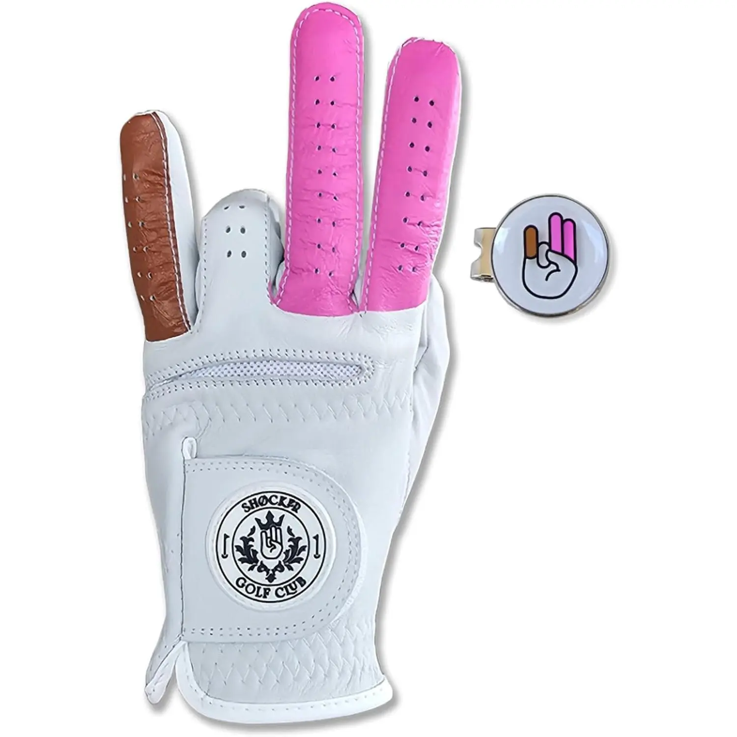 Adult Men's Form-Fitted Cabretta Leather Golf Glove with Magnetic Mark, Ball Marker, Hat Clip, Shocker, Multi-Size Option - 2 Pink, 1 Brown Finger Gloves, Golf Accessory, Men's Gift