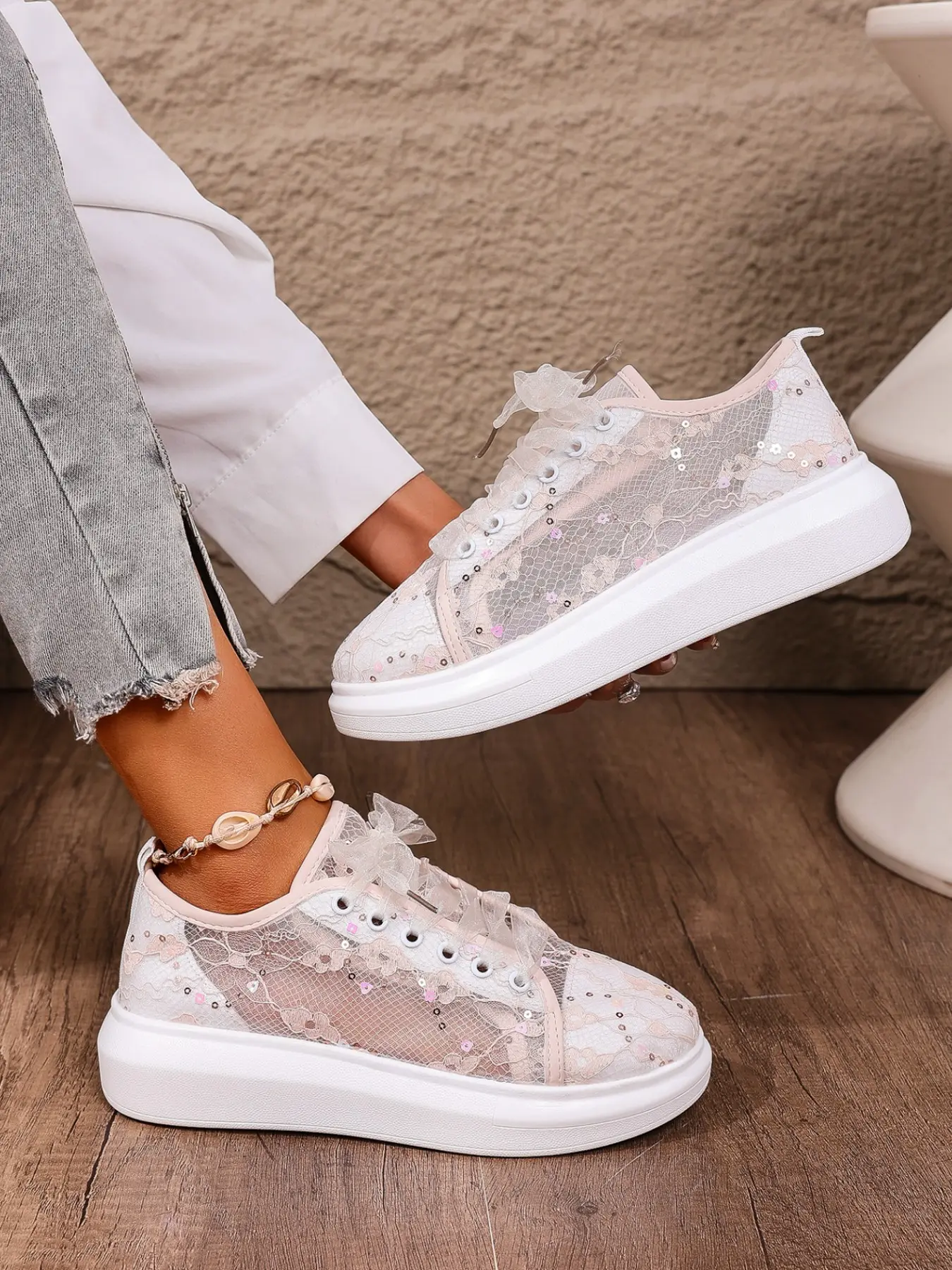 French Style Lace Mesh Ribbon Tie Women Shoes, Breathable Thick Soled Shoes Casual Trainers Sneakers, Fairy Wind Embroidered Flower Board Shoes, Summer Versatile Lazy Shoes, Walking Shoes, Casual Textile Shoes
