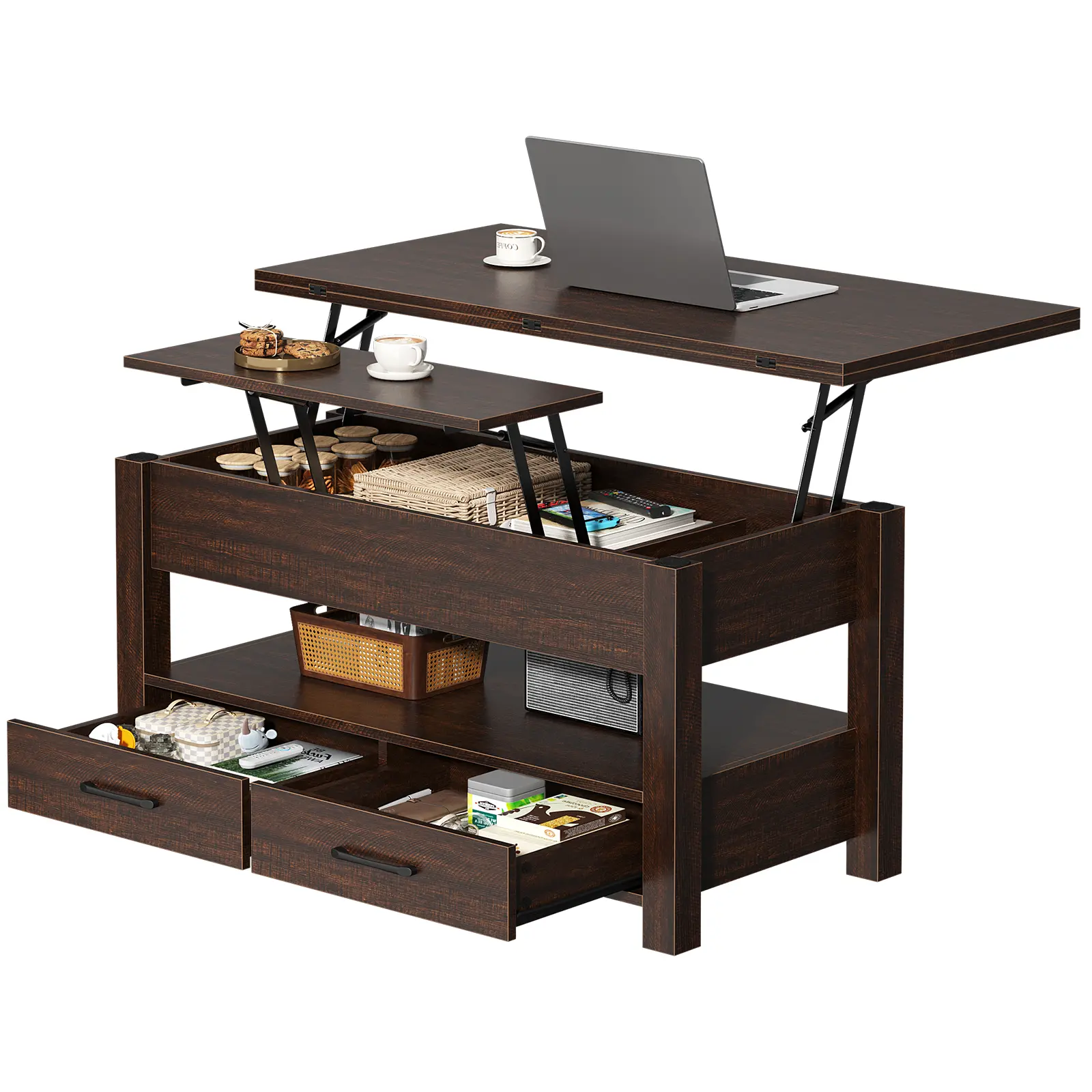 2-Way Lift-Top Wooden Coffee Table - Adjustable Height Indoor Furniture with 2 Drawers, Hidden Storage Compartment, Open Shelf for Living Room, Home Office