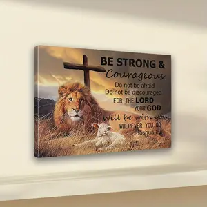1 Piece Wooden Frame Canvas Painting - "Lion, Lamb and Cross, Strong and Brave" Living Room and Bedroom Wall Art Print, Home Decoration, Direct Hanging Painting, Ideal Holiday Gift, Perfect Room Decoration