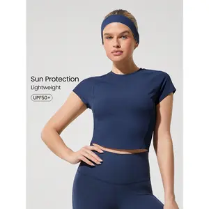 GLOWMODE Less Is More Lightweight UV Sun Protection Sheer Snug Fit Baby Tee Crop Top Low Impact Yoga Pilates Barre Studio Daily Casual Wear
