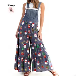 Women Christmas Jumpsuits Sleeveless Lace Patchwork Christmas Themed Print Baggy Wide Leg Overalls