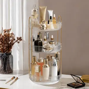 3-Tier 360° Rotating Makeup Organizer, Clear Spinning Perfume Cosmetic Storage for Vanity Countertop, Sturdy Metal Pole Skincare Holder Stand for Bathroom Dresser