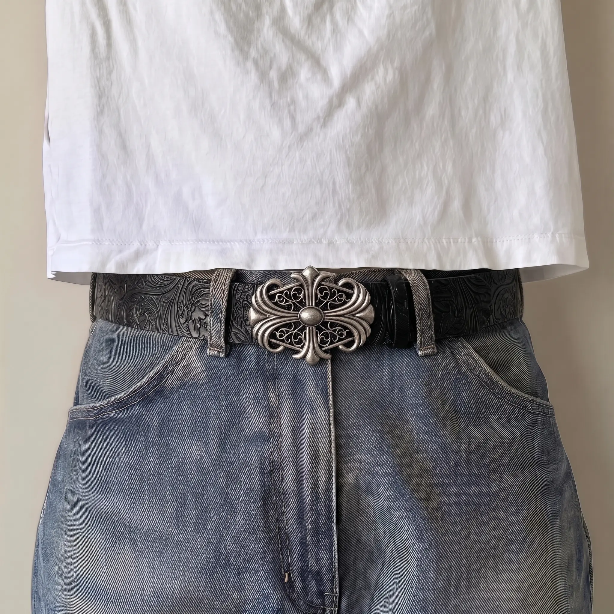 Black Embossed Western Belt with Ornate Silver-Tone Buckle