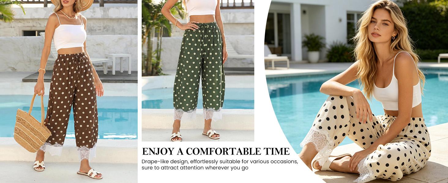 UANEO Womens Polka Dot Wide Leg Palazzo Pants High Waisted Summer Lace Trim Cropped Baggy Trousers with Pockets UANEO Womens Polka Dot Wide Leg Palazzo Pants High Waisted Summer Lace Trim Cropped Baggy Trousers with Pockets