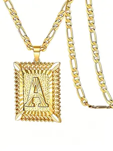 Gold Initial Pendant Necklace, Square Shaped Pendant, Tarnish-Resistant 18K Gold Plating, Hypoallergenic, Sturdy Figaro Chain, Textured Square Frame, Daily Wear & Stacking, Gift for Him/Her, For Birthdays, Anniversaries & Special Occasions