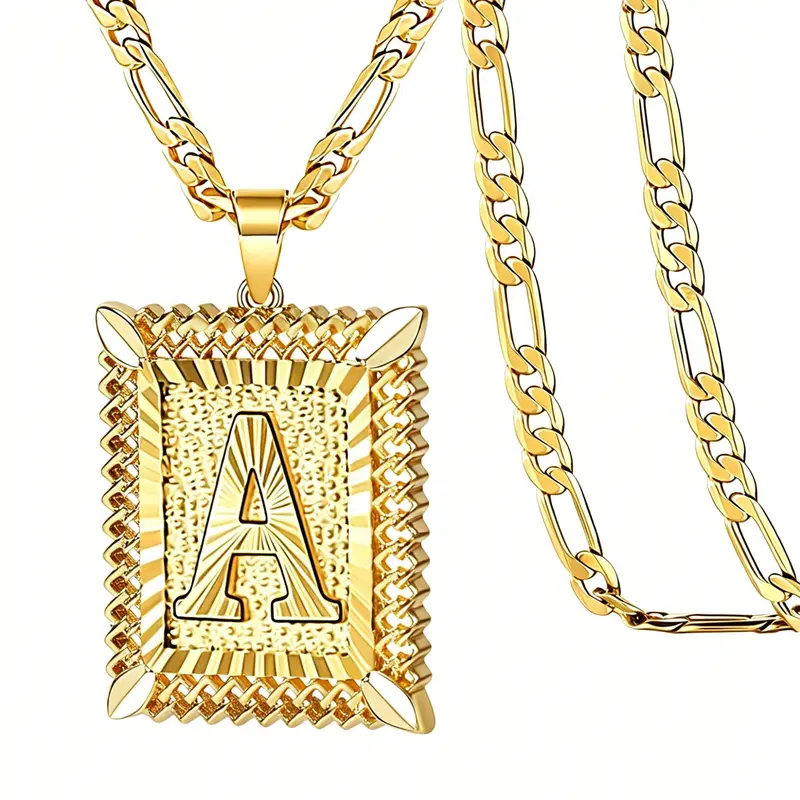 Gold Initial Pendant Necklace, Jewelry Necklace, Tarnish-Resistant Gold Plated Stainless Steel, Hypoallergenic, Sturdy Figaro Chain, Textured Square Frame, Suitable for Daily Wear & Stacking, Gift for Him/Her, Perfect for Special Occasions