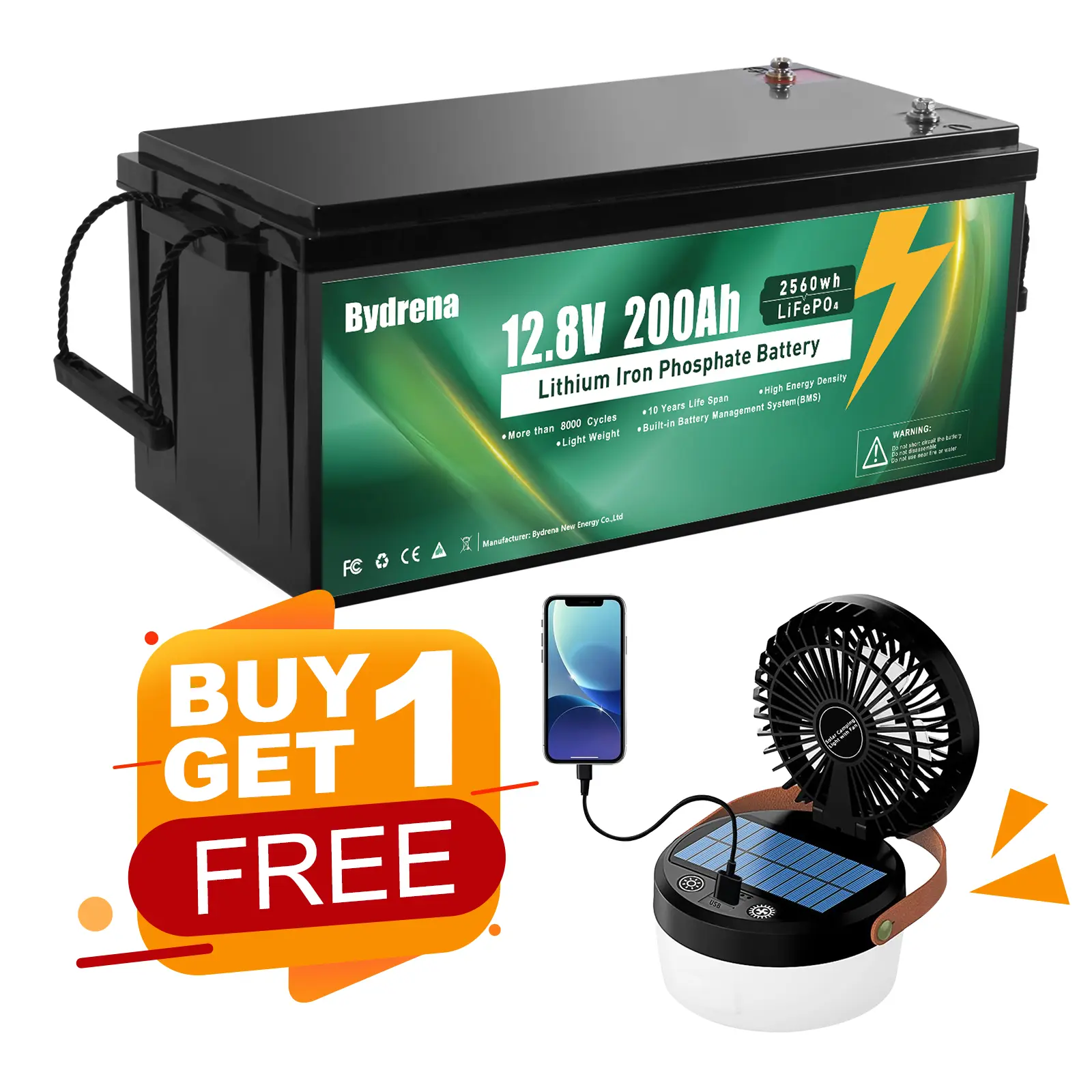 Bydrena 12V 200Ah LiFePO4 Battery 150A BMS 2560W Load Power 10-Year Lifetime for RV Golf Cart Solar Power System Rechargeable Portable Home Energy Storage