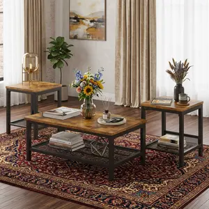 Coffee Table Set of 3, Industrial Style Coffee Table with 2 Square End Side Tables, Sturdy Metal Frame Living Room Table Set for Home Apartment Office Furniture Decor