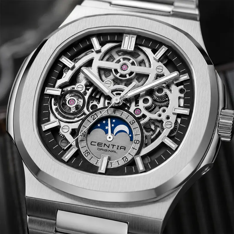 Men's Quartz Wrist Watch Skeleton Moon Phase Dial Stainless Steel Bracelet Luminous Luxury Business Wristwatch for Men