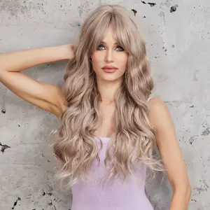 INSTYLE 26 Inch Long Wavy Curly Champagne Blonde Wigs with Bangs Synthetic Wigs for Women and Girls Daily Use