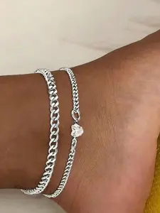 2 Piece Stainless Steel Anklet Set, Vintage Fashion Elegant Heart Layered Anklets, Body Jewelry for Women, Beach Party Gift