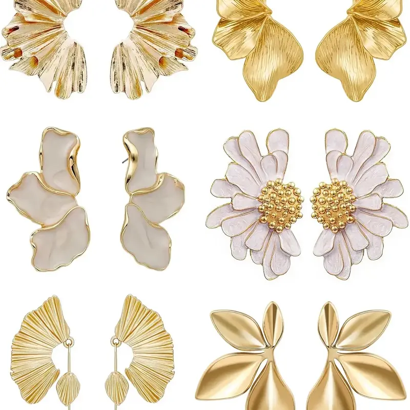 6 Pairs Chunky Statement Casual Earrings Set for Women, Gold Plated Sectored Flower, Leaf and Shell Designs, Hypoallergenic & Stylish Jewelry, Fashionable Earrings, Trendy Jewelry