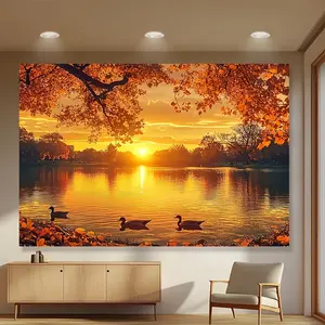 1pc Autumn Leaf Lake Tapestry - Vibrant Sunset Design with Geese, Serene Water Reflection, and Fall Foliage, Perfect for Home Decor, Weddings, Birthdays, Anniversaries, and Garden Events, Polyester Material, Multi-Seasonal Use,
