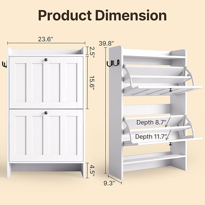 Gizoon Shoe Cabinet with Open Storage Shoe Storage Cabinet for Entryway Freestanding Narrow Rack with 2 Flip Drawers Space-Saving for Hallway Apartment Furniture Small Space Adjustable Shelf