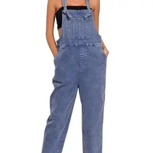 Zenana Washed Knot Strap Relaxed Overalls for Women - Stylish Casual Wear in Blue - Womenswear, Suits