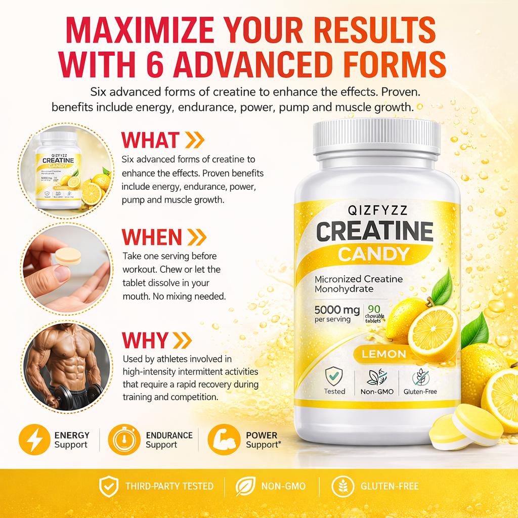 Creatine Chews 5000mg – Lemon Flavor | Micronized Creatine Monohydrate, 90 Chewable Tablets | Energy, Strength & Workout Performance | No Mixing Required