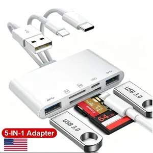 iPhone iPad SD Card Reader 5-in-1 OTG Adapter, Portable Multi-Function Connector, Two-Way File Transfer, Support USB Flash Drive, Keyboard & Mouse Connection