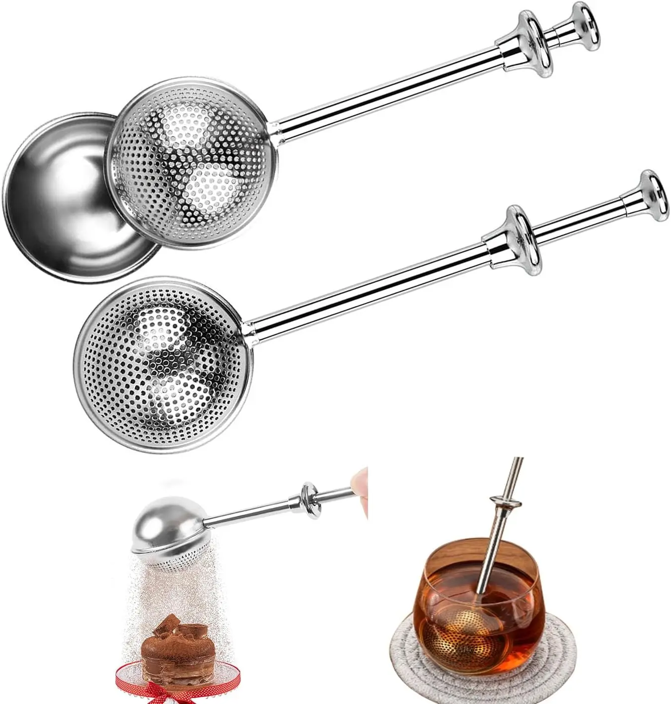 Stainless Steel Loose Tea Leaf Steeper&Sugar Shaker Duster Sifter 2 in 1, tea ball for loose leaf tea,tea strainers One-Hand Operated Spring-Loaded
