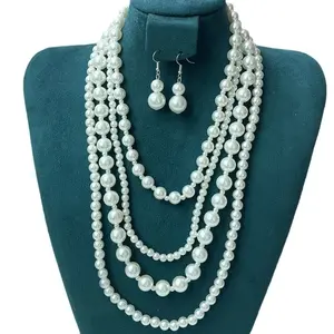 Fashionable Women's Faux Pearls Statement Necklace and Earrings Jewelry Set