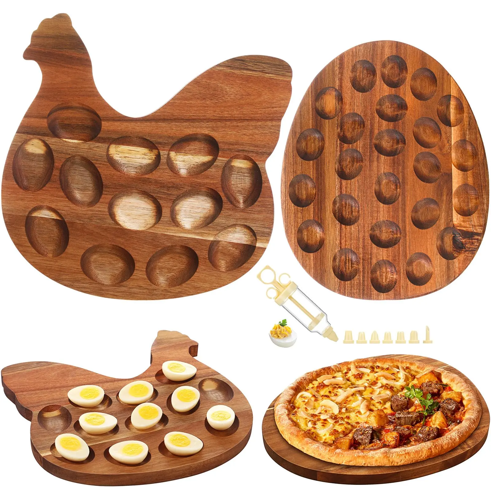 2 Wooden Reversible Deviled Egg Container Platter With Cake Icing Piping Tool  Total 36 Holes Hen And Shapes Tray Holder Easter Kitchen Table Serving Charcuterie Board