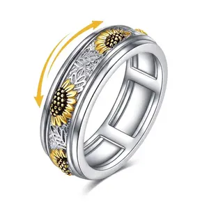 Anxiety Rings for Women and Men 925 Sterling Silver Sunflower Spinner Fidget Band Rings  for Stress Relief and Wedding Promise Comfort Fit Size 6 to 12