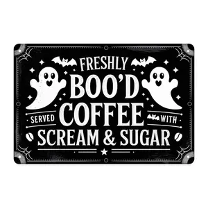 Halloween Coffee Ghosts Bats  Tin Sign, Vintage Halloween Boo'd Coffee Metal Sign Print Aesthetic Room Decoration for Home Bedroom Dorm Bathroom Wall Decor 8 X 12 in