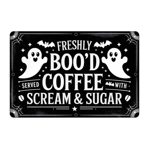 Halloween Coffee Ghosts Bats  Tin Sign, Vintage Halloween Boo'd Coffee Metal Sign Print Aesthetic Room Decoration for Home Bedroom Dorm Bathroom Wall Decor 8 X 12 in