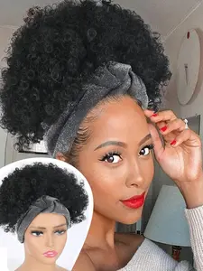 Kinky Curly Wig Afro Headband for Women, Short Hair Afro Curly Natural Afro Wig, Synthetic Afro Curly Headband Wigs, Natural Half Wig
