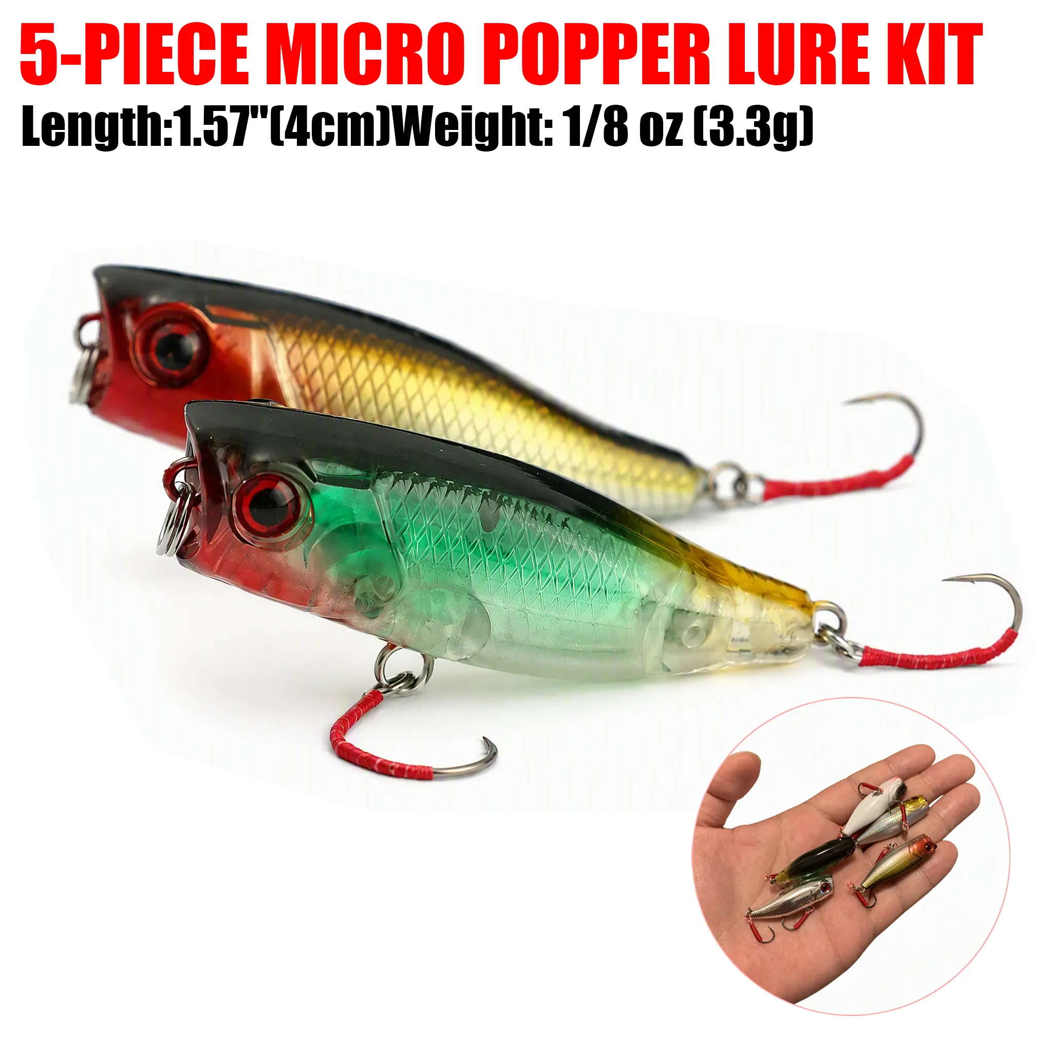 5 Pcs Micro Topwater Popper Fishing Lures Kit, 1/8oz Ultralight Long Casting Bass Baits with 3D Eyes & Sharp Treble Hooks