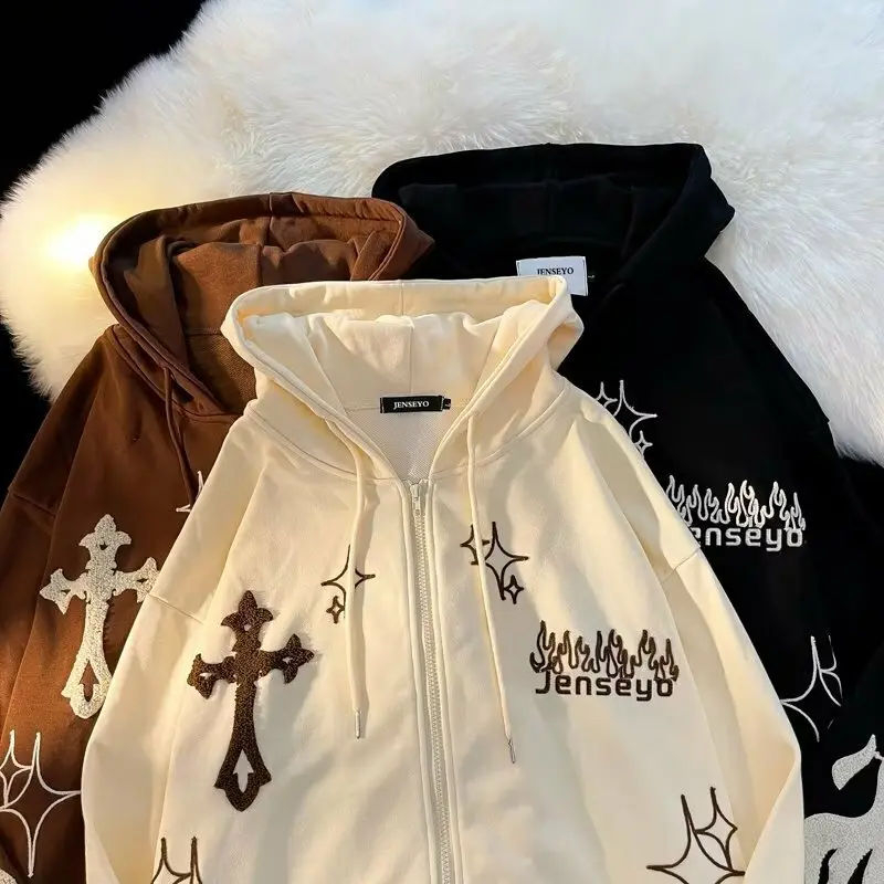 Cardigan Hooded Sweater Men's Embroidered Cross Flame Coat Spring and Autumn American Hip Hop Couple Loose Vintage Top