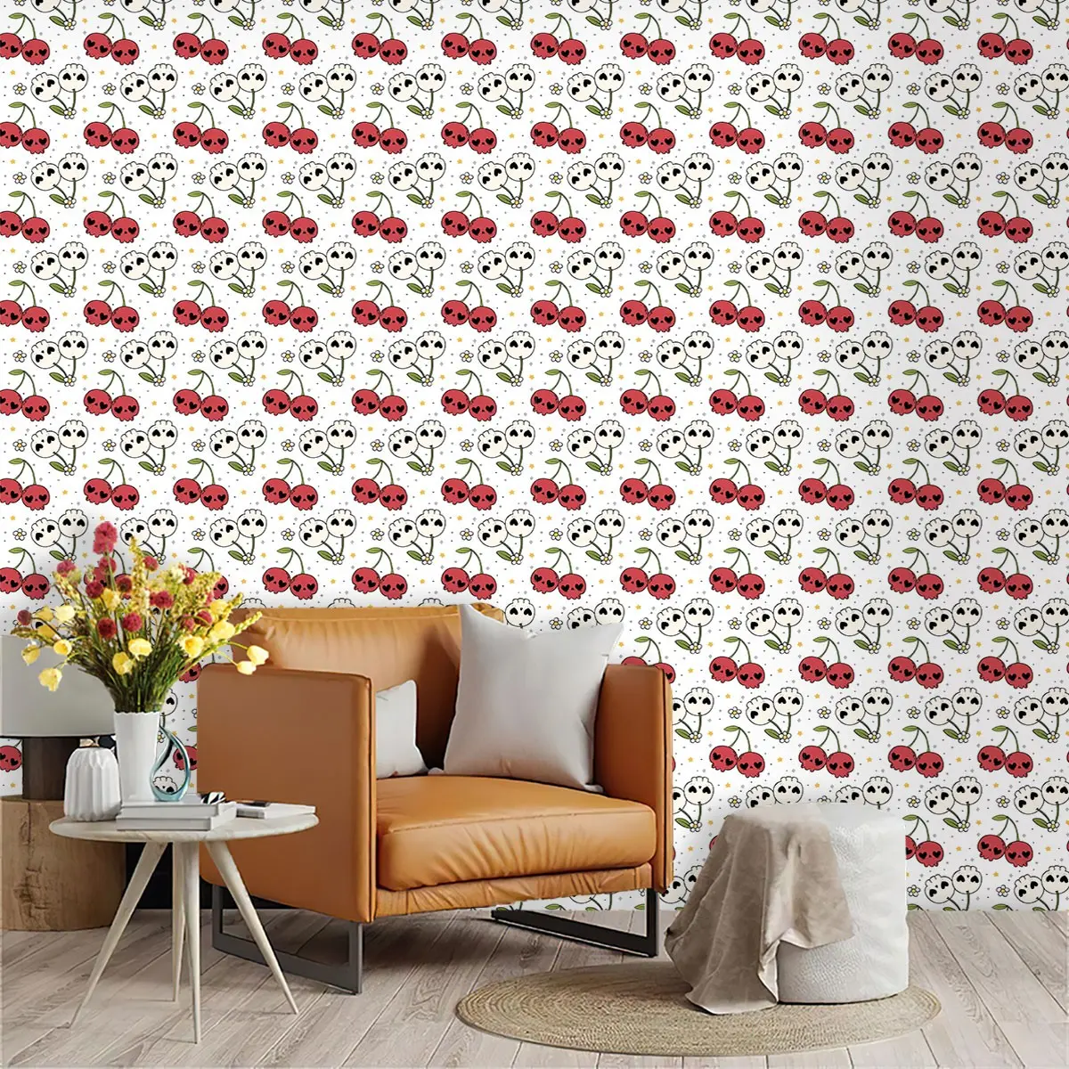 Sweet Cool Cherry Skull Pattern Wallpaper, PVC Material, Self-Adhesive, Moisture-Proof, Ideal for Kitchen/living Room/bedroom Decor