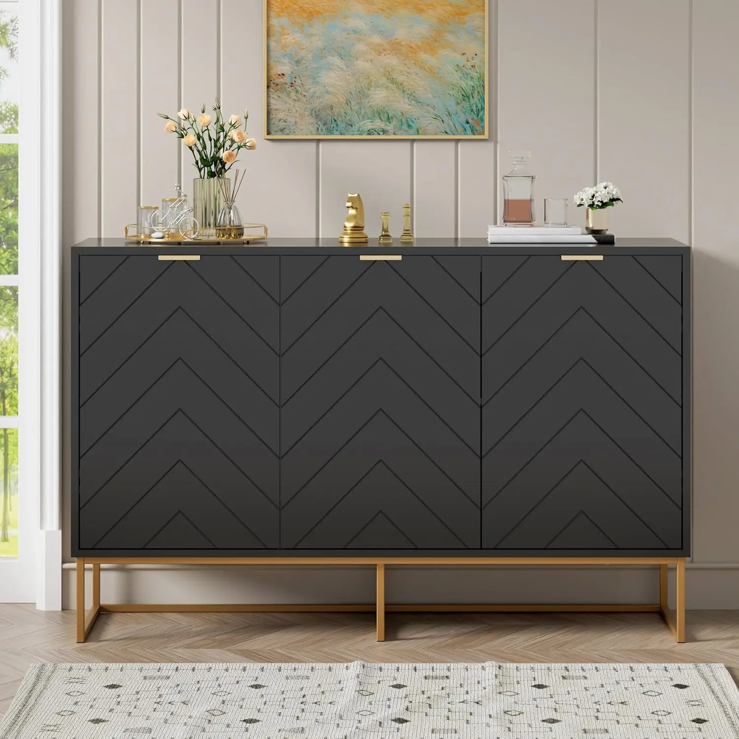 【Summervibes】Scurrty Sideboard Cabinet with 3 Doors Buffet Cabinet Herringbone Design Adjustable Shelf MDF Material 47.2"W x 15.7"D x 30.8"H