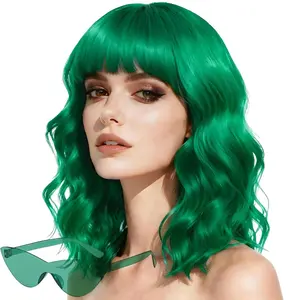Green Wig and Sunglasses Set - 15 Inch Wavy Wig With Bangs - Heat Resistant Shoulder Length Curly Bob Wigs for Women - Bachelorette Party Costume Cosplay - Natural-Looking & Adjustable Straps