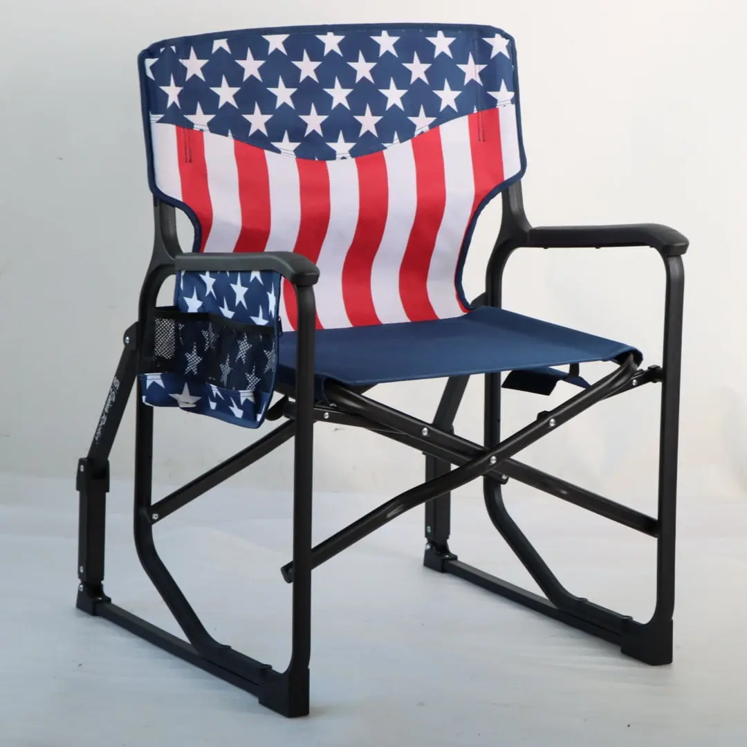 Seina Patriotic Outdoor Foldable Rocking Chair with Armrests, Cup Holder and Side Pocket, 300 lbs Capacity.