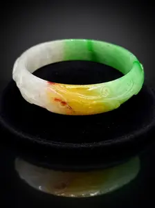 Authentic Jade Bangle – Natural Type A | Green, Honey & White | 57mm | Carved Multi-Color Translucent