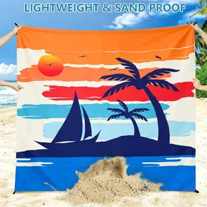 Sunset Sailboat Palm Tree Print Waterproof Beach Blanket, Large Foldable Sandproof Picnic Mat, Vibrant Outdoor Ground Pad for Beach, Camping, Hiking, Family Gatherings