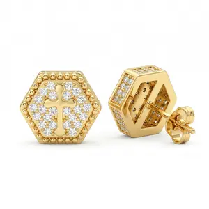 Hexagon Cross Stud Earring for Men Hip Hop Cross Earrings for Women Jesus Christ Gift