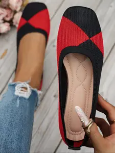 Women's New Square Toe Knit Flat Mary Jane Shoes, Fashion Design, Color Block, Slip-On, Comfortable, Casual Wear, All Seasons