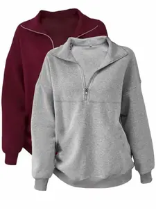 Women's Casual Loose Fit Long Sleeve Pullover Set, Fall & Winter Plain Round Neck Half Zip Sweater, Fashionable Daily Wear