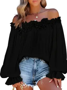 Plain Off-Shoulder Ruffle Blouse Plus Size Casual Puff Long-Sleeve Tops, Womenswear, Lightweight Breathable Fabric, Y2K Clothes Summer Outfits, Trendy Vacation Wear, Comfortable Relaxed Fit Work Casual Shirts for Women, Stylish Frill Detail Daily Blous