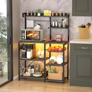 Baker's Rack with Power Outlets & LED Lights, 7-Tier Metal & Wood Kitchen Organizer Shelf Rack, Adjustable Baskets for Enhanced Storage & Decor Wooden storage rack
