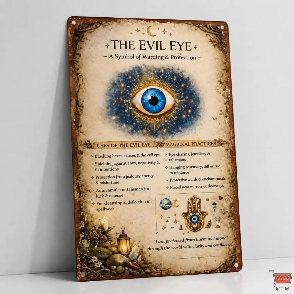 Vintage Evil Eye Hamsa Hand Metal Tin Sign, Hangable Spiritual Protection Wall Decor, Witchy Gothic Plaque for Entrance Doorway, 8x12 in